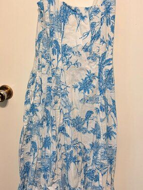 Joie Blue White Tropical Toile Linen Blend Square Neck Midi Dress 2 Pockets